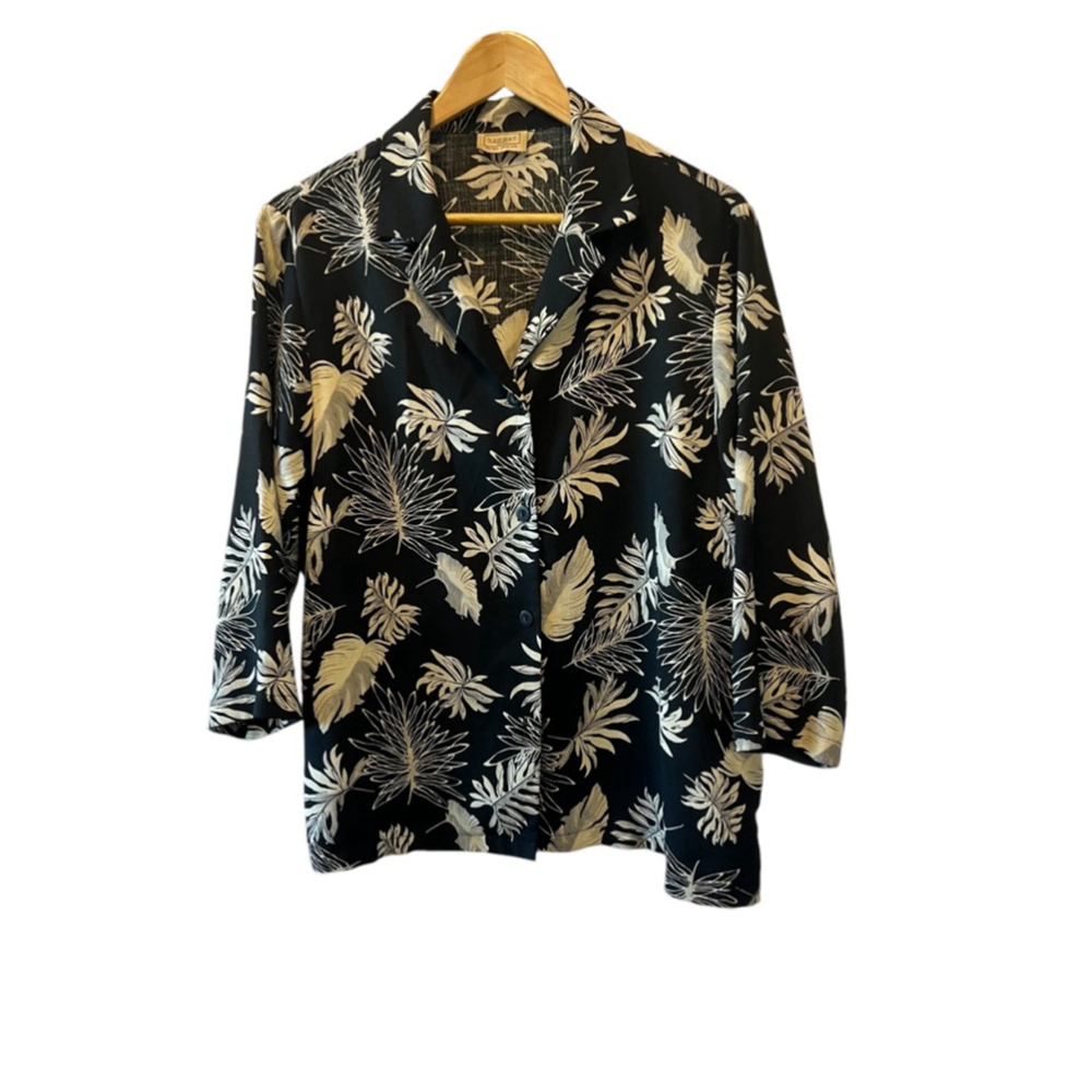 HAGGAR Linen Blend Black & Tan Floral Print Crop Sleeve Button Up Collared Shirt